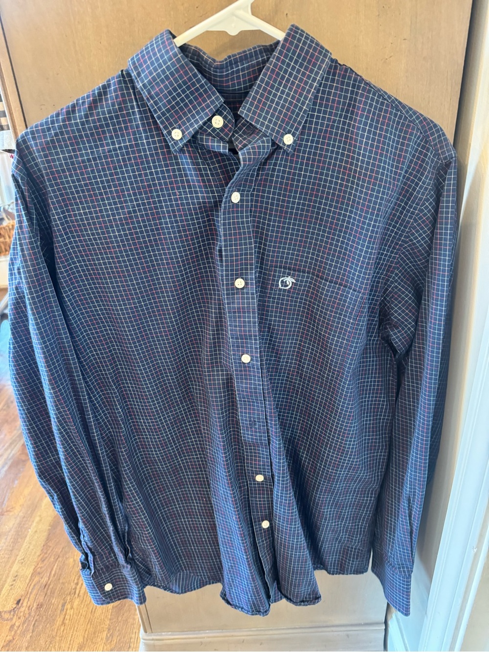 Peach State Pride Men's Blue Plaid Button-Down Shirt with Subtle Red Check